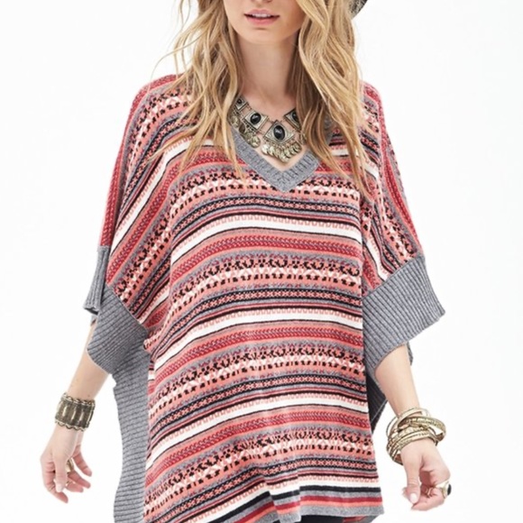 Forever 21 | Southwestern Boho Pink & Gray V-Neck Poncho Sweater XS - Picture 1 of 10